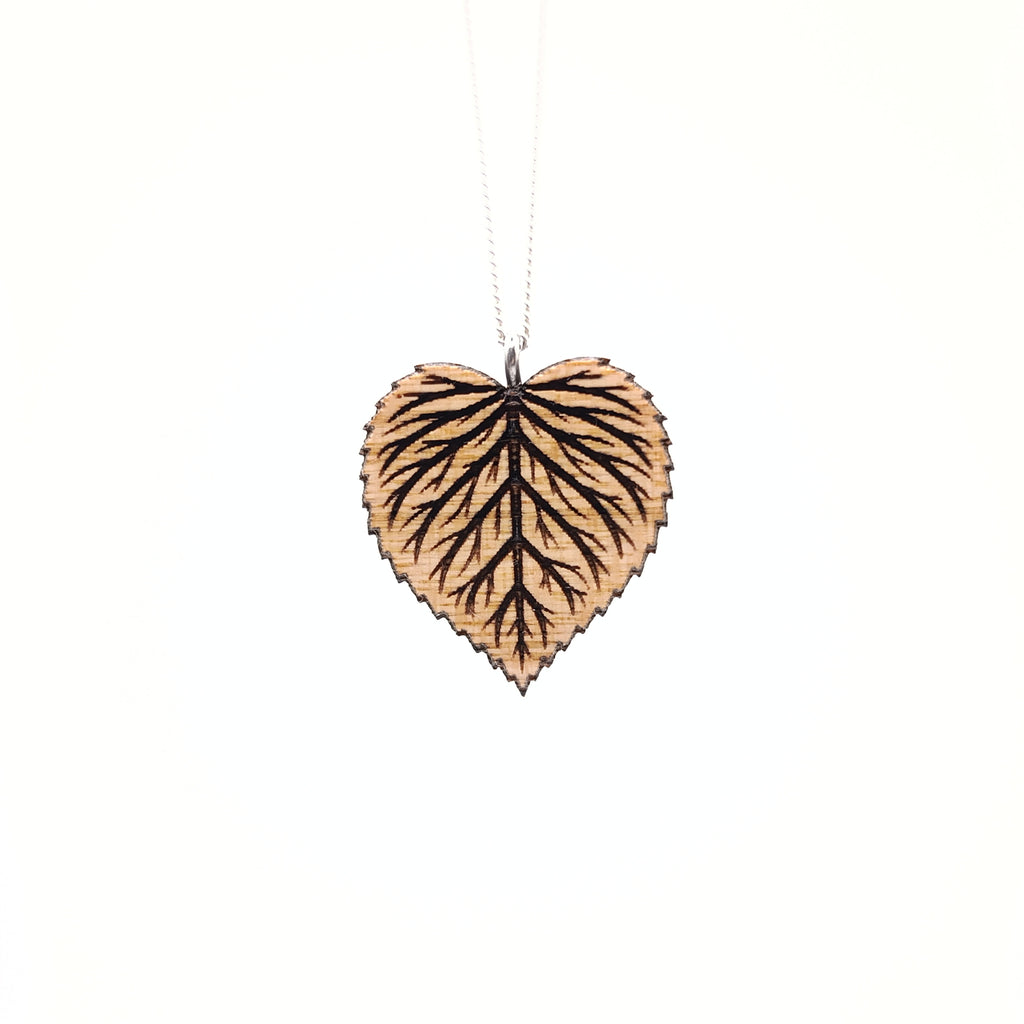 Holz/Silber Halskette "Lindenblatt Adern" Kirschholz