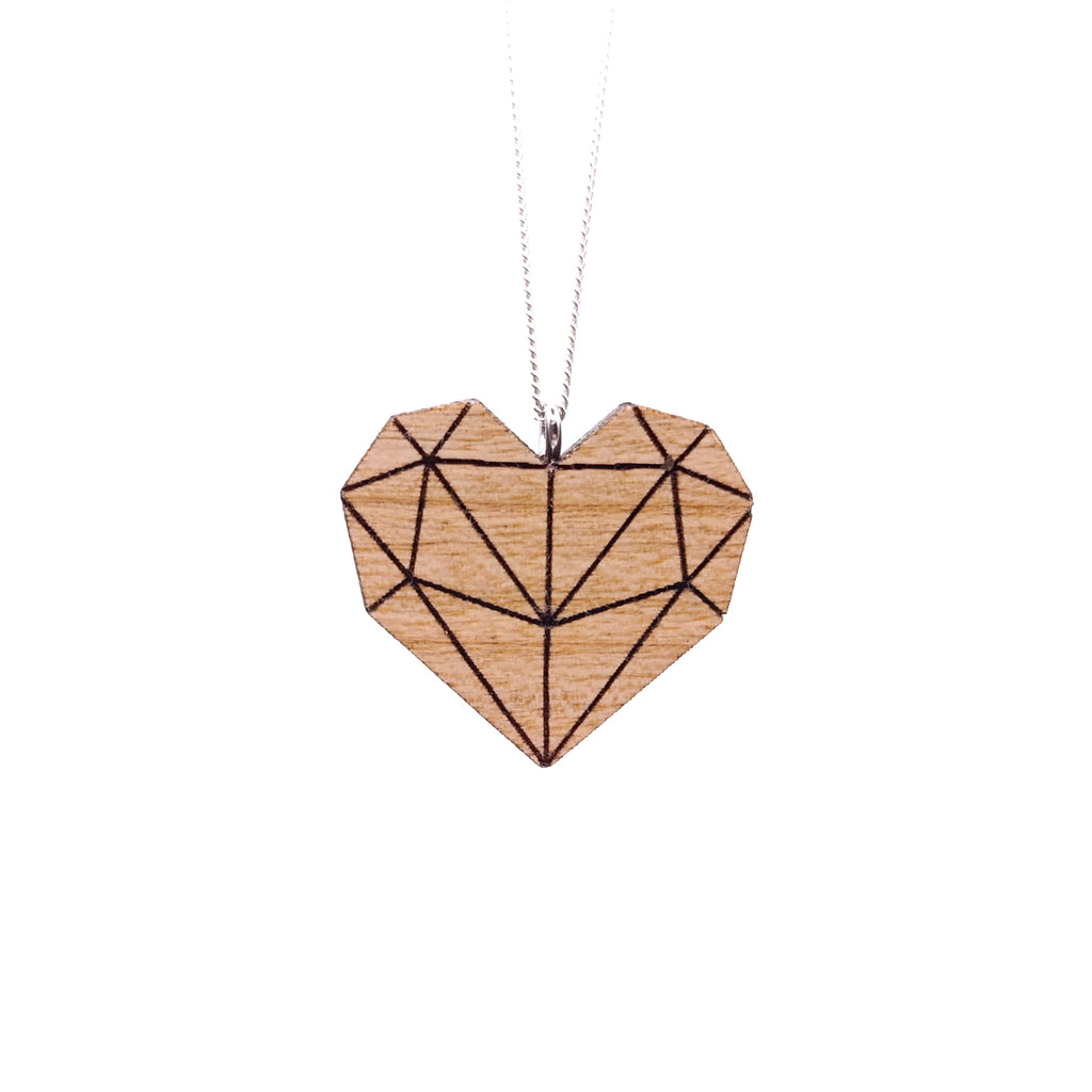 Holz/Silber Halskette "Geometrisches Herz Zart" Kirschholz
