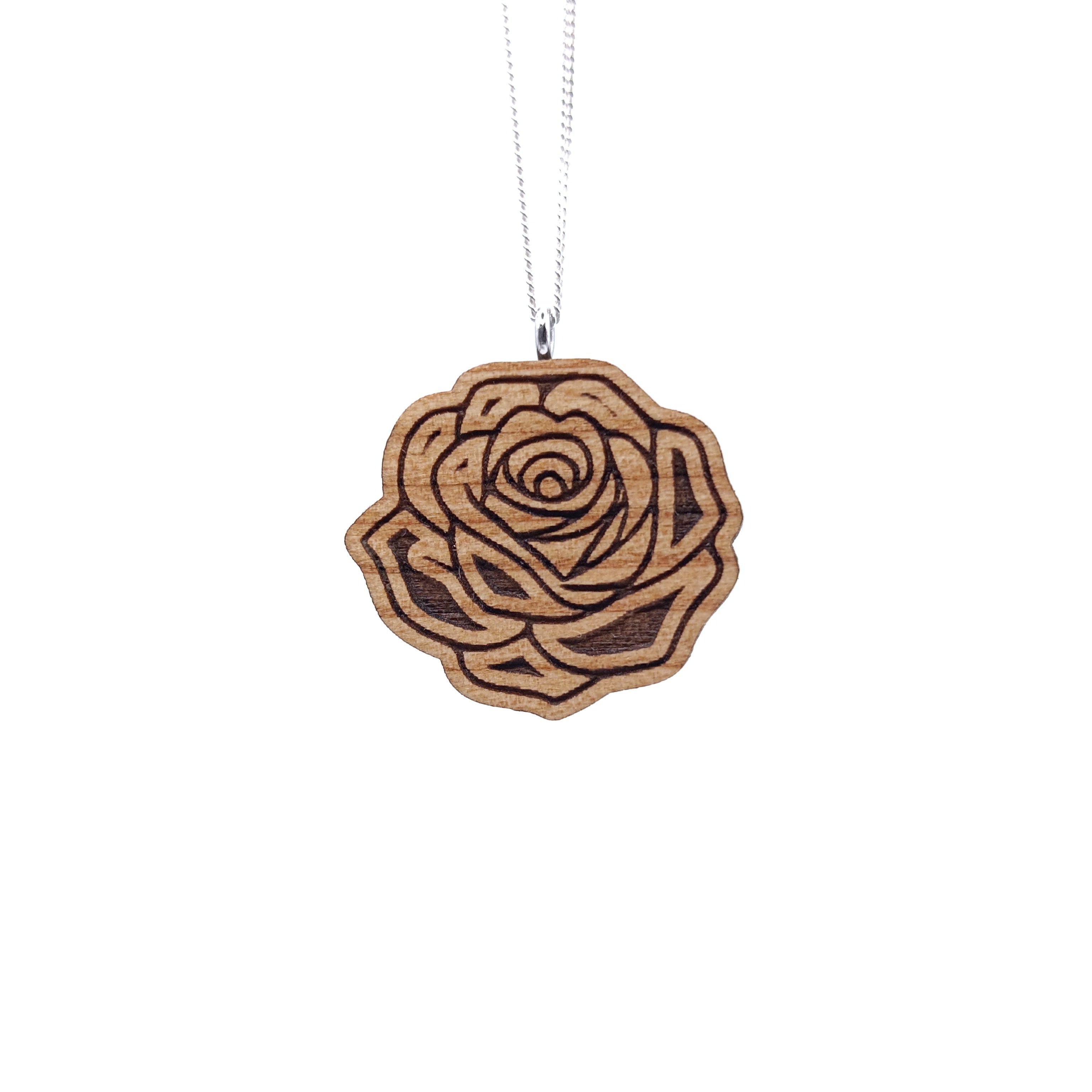 Holz/Silber Halskette "Rose Blüte" Kirschholz